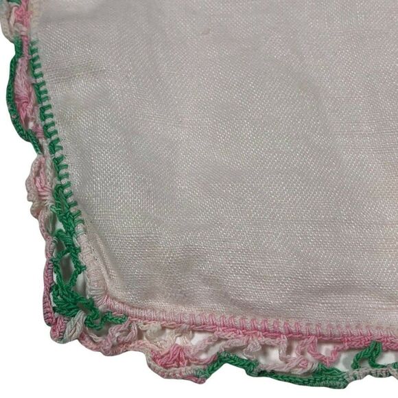 Vintage Handkerchief Hanky With Ombre Pink Green Crochet Border Pocket Scarf - Picture 1 of 5